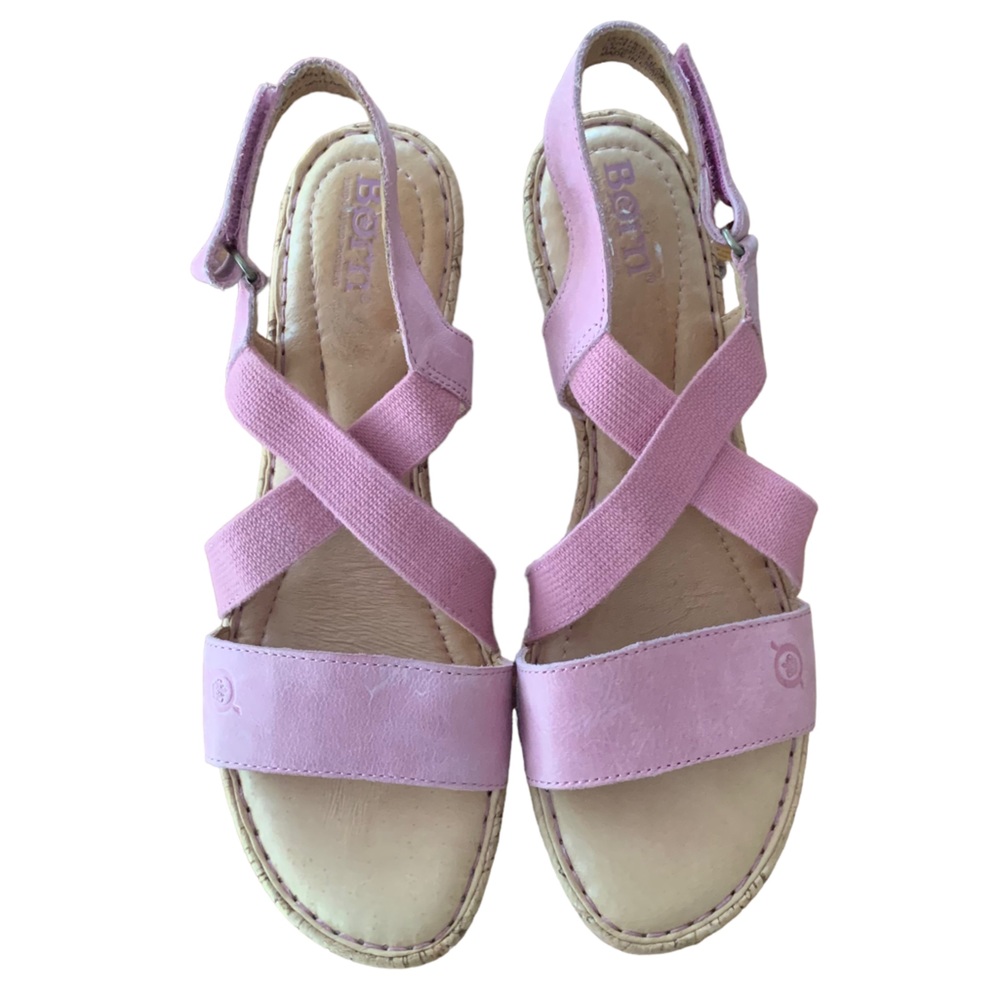 Born Hyuro Pink Leather Cork Wedge Strappy Sandal Sz 8.5